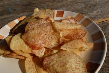 closeup group taro of french fries potato slices stick chip yellow crispy at Asia fresh market