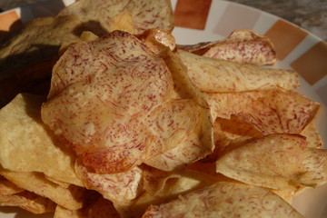 closeup group taro of french fries potato slices stick chip yellow crispy at Asia fresh market