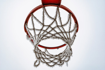 Fototapeta premium Basketball net covered in snow. Frozen basket.