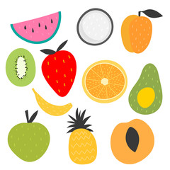 Isolated vector set of decorative fruits for print, decor. Kids illustration.
