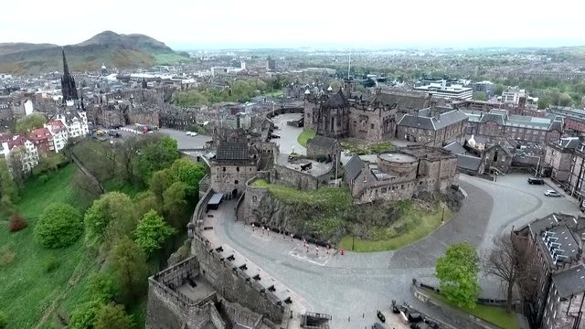 Edinburgh city scotland historic Castle Rock cloudy Day Aerial shot