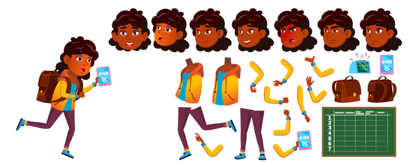 Indian Girl School Kid Vector. Primary School Child. Animation Creation Set. Face Emotions, Gestures. Student. Hindu. Asian. Placard Design. Animated. Isolated Cartoon Illustration