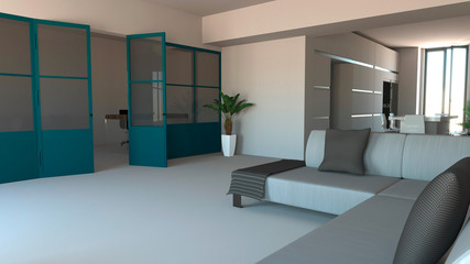 Parete vetrata in ferro e vetro di color blu, soggiorno, living space e cucina. Design di interni moderno. 3d rendering. Open space, divano e cuscini - obrazy, fototapety, plakaty