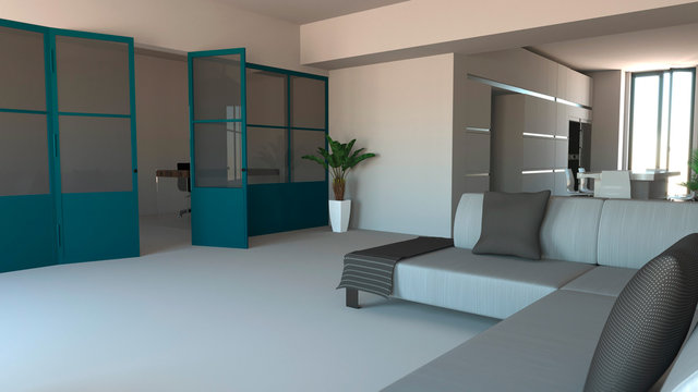 Parete vetrata in ferro e vetro di color blu, soggiorno, living space e cucina. Design di interni moderno. 3d rendering. Open space, divano e cuscini