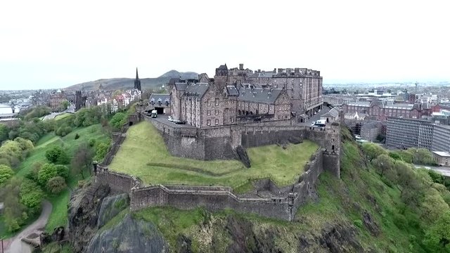 Edinburgh city scotland historic Castle Rock cloudy Day Aerial shot