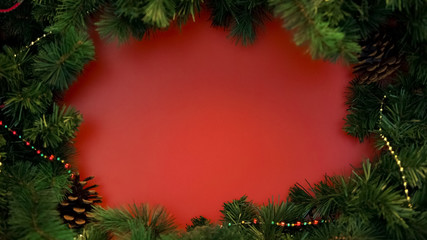 Red background decorated with spruce branches, Christmas and New Year holidays