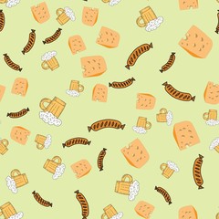 Seamless pattern of beer glass, sausage, cheese