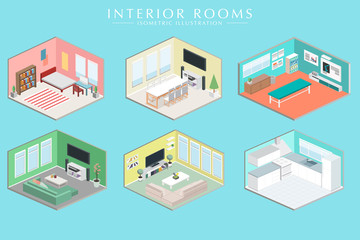 Different room Interiors Vector Isometric set
