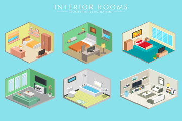 Different room Interiors Vector Isometric set
