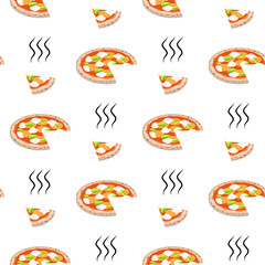 Vector illustration. Seamless pattern with pizza margarita and cut slice. Background with traditional italian food for different design.