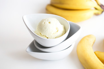  Homemade Ice Cream. delicious ice cream and bananas on a white background.