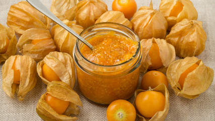 Golden berry or cape gooseberry jam in jar