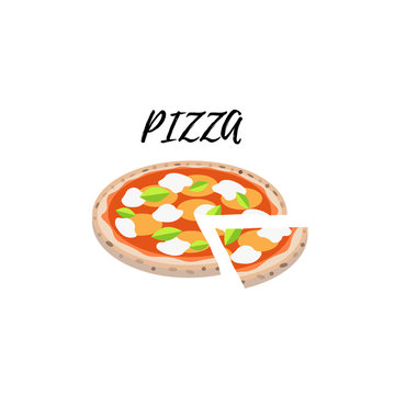 Vector illustration. Flat style icon of pizza margarita and cut slice. Traditional italian food for different design.