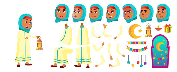 Arab, Muslim Girl Kid Vector. Primary School Child. Animation Creation Set. Celebrating Ramadan Kareem. Gestures. For Advertisement, Greeting, Announcement Design. Animated. Isolated Illustration