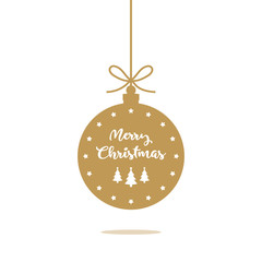 Gold christmas ball ornament with merry christmas text and shadow. 