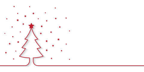 Christmas banner with red one line style outline christmas tree and little star pieces. Holiday banner with space for text.