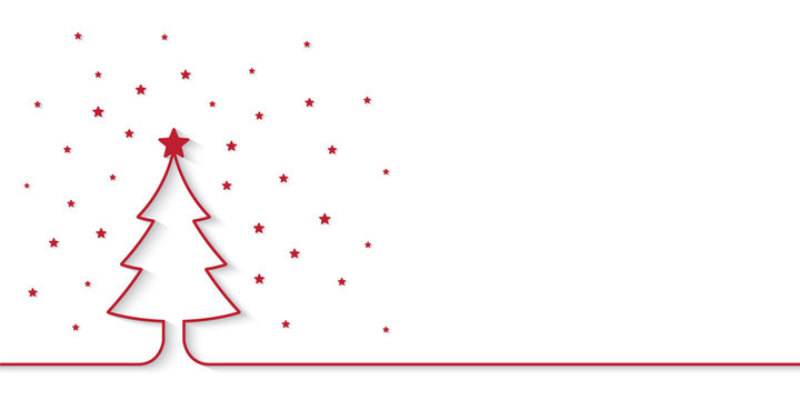 Christmas banner with red one line style outline christmas tree and little star pieces. Holiday banner with space for text.