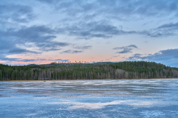 Clear ice on a lake with forest background