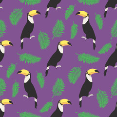 Purple seamless pattern with cartoon style exotic black and white toucan bird and leaves drawings