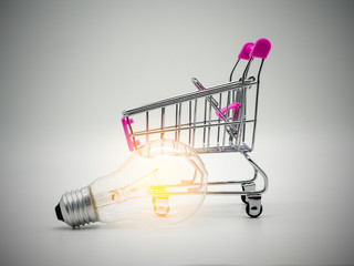 Light bulb in the shopping cart on white background. Saving energy and business concept.