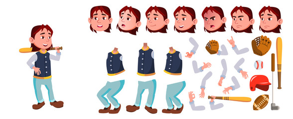 Baseball Boy Schoolboy Kid Vector. Sport School Child. Animation Creation Set. For Advertisement, Greeting, Announcement Design. Face Emotions, Gestures. Animated. Isolated Cartoon Illustration