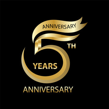 golden 5th anniversary sign and logo for gold celebration symbol