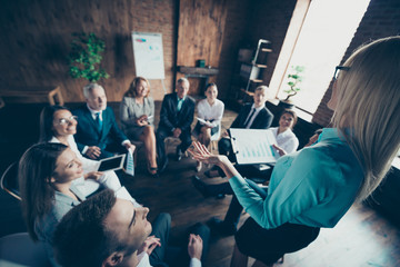 Close up photo of business people listening with respect boss chief with news about progress income earnings development all dressed in formal wear jackets shirts