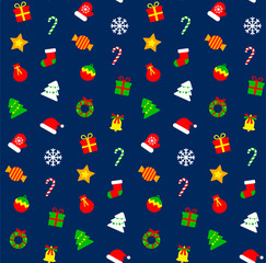 Web colorful christmas seamless pattern at dark background. New Year's holiday wallpaper.