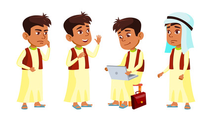 Arab, Muslim Boy Schoolboy Kid Poses Set Vector. Primary School Child. Student Expression. Lifestyle, Friendly. For Presentation, Print, Invitation Design. Isolated Cartoon Illustration