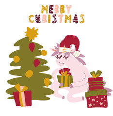 Cute hand drawn vector illustration of Unicorn with decorated tree and presents box wearing Santa Claus hat. Kid minimal scandinavian style illustration. Merry Christmas phrase.
