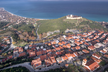 Naklejka na ściany i meble Aerophotography (drone) of Neos Panteleimonas with view of the coastline and the castle