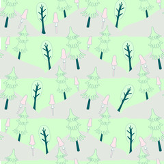 Cute forest seamless pattern. Pastel colour cartoons design green tree, fir tree, pink mushroom, grey hill for web, textile, wrapping paper, wallpaper