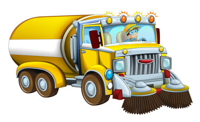 Cartoon funny looking cistern truck street cleaner with worker on white background - illustration for children