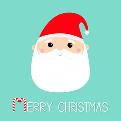 Merry Christmas. Santa Claus face head round icon. New Year. Red hat. White moustaches, beard. Cute cartoon funny kawaii baby character. Greeting card. Flat design. Blue background.