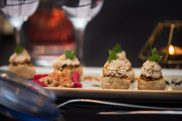 Kegs with salmon fish and cream sauce. Tasty restaurant dish