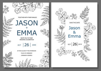 Wedding invitation or greeting card template. Minimalistic design with floral elements hand drawn on a white background. Vector
