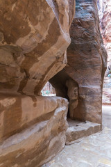 Al-Siq - canyon leading  through red-rock walls to Petra - the capital of the Nabatean kingdom in Wadi Musa city in Jordan