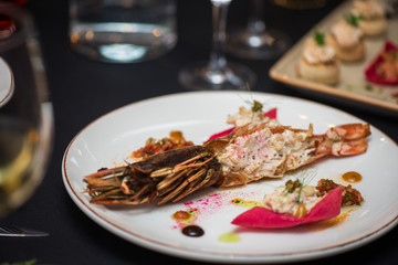Lagustine tartare on christmas table. Tasty restaurant dish
