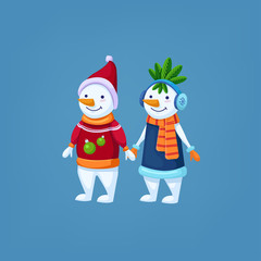 Cute vector cartoon snowmen pair 
