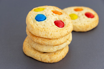 Homemade shortbread cookies with multicolored chocolate chips and icing powdered on gray background. Selective focus. Christmas concept. Copy space.
