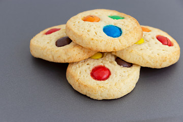 Homemade shortbread cookies with multicolored chocolate chips and icing powdered on gray background. Selective focus. Christmas concept. Copy space.