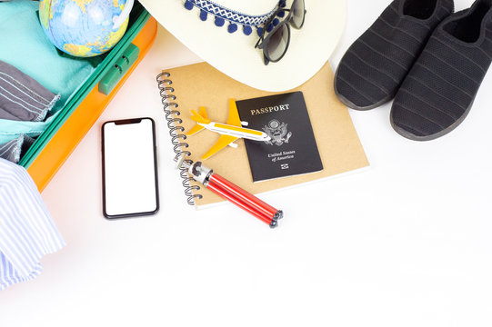 Travel plan, trip vacation accessories for trip, tourism mockup - Outfit of traveler on white background. Flat lay and copyspace. - Image
