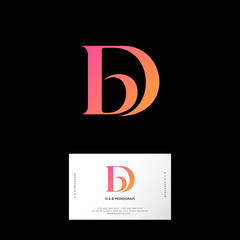 D and B letters. D, B monogram consist of orange letters. Web, UI icon. Identity. Business card.