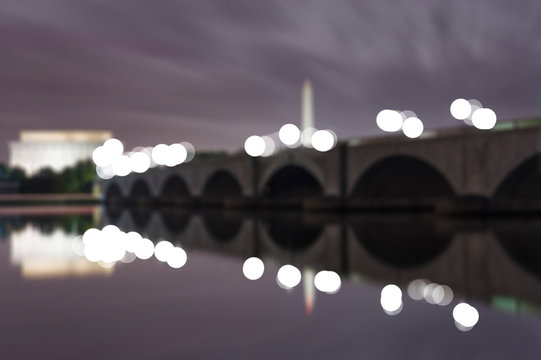 Blurry view of Memorial Bridge with the Lincoln Memorial in Washington DC for use as background.