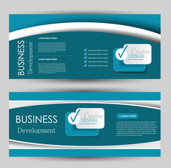Flyer banner or web header template set. Vector illustration promotion design background. Blue color.
