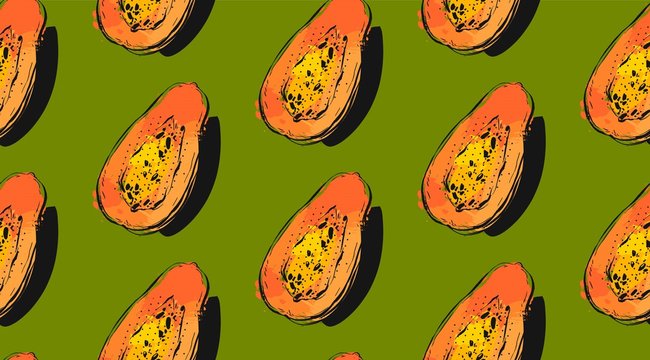 Hand drawn vector abstract unusual seamless pattern with exotic tropical fruit papaya isolated on green background