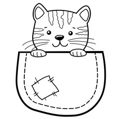 Pocket Cat. Childish print with kitty for t-shirt. Black and white vector illustration for coloring book