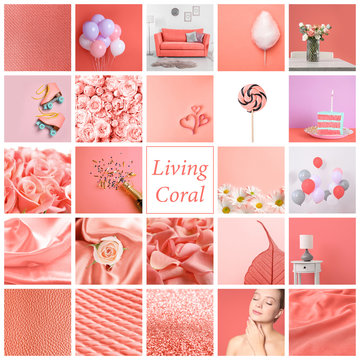 Beautiful Collage With Living Coral Color. Stylish Design