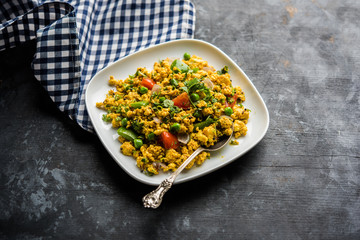 Paneer Bhurji, mildly spiced cottage cheese scramble and served with roti or laccha paratha, selective focus