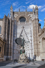 Door of the Prince (Puerta del Principe) with Statue of the Giraldillo, Cathedral of Saint Mary of the See (Catedral de Santa Maria de la Sede), or Seville Cathedral, Sevilla, Andalusia, Spain